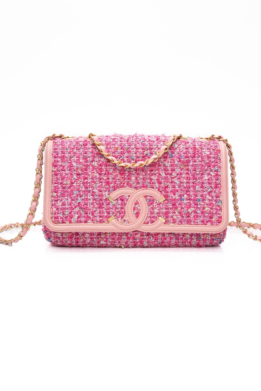 CHANEL Pink Filigree Flap Bag Quilted Tweed Medium