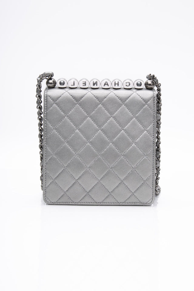 CHANEL Silver Metallic Goatskin Quilted Chic Pearls Flap Bag