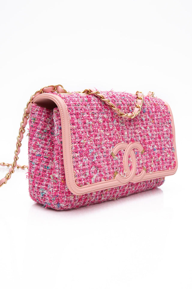 CHANEL Pink Filigree Flap Bag Quilted Tweed Medium