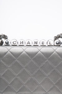 CHANEL Silver Metallic Goatskin Quilted Chic Pearls Flap Bag