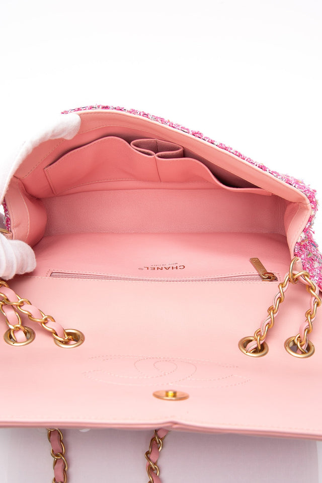 CHANEL Pink Filigree Flap Bag Quilted Tweed Medium