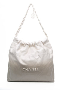CHANEL 22 White Light Grey Calfskin Quilted Hobo Bag