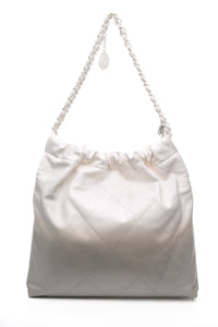 CHANEL 22 White Light Grey Calfskin Quilted Hobo Bag