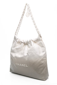 CHANEL 22 White Light Grey Calfskin Quilted Hobo Bag