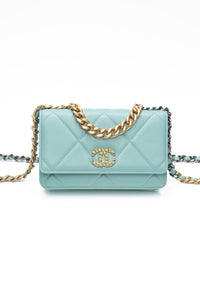 CHANEL 20C Tiffany Blue Lambskin Quilted Wallet On Chain WOC