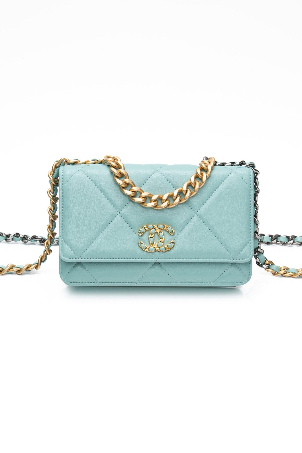 CHANEL 20C Tiffany Blue Lambskin Quilted Wallet On Chain WOC