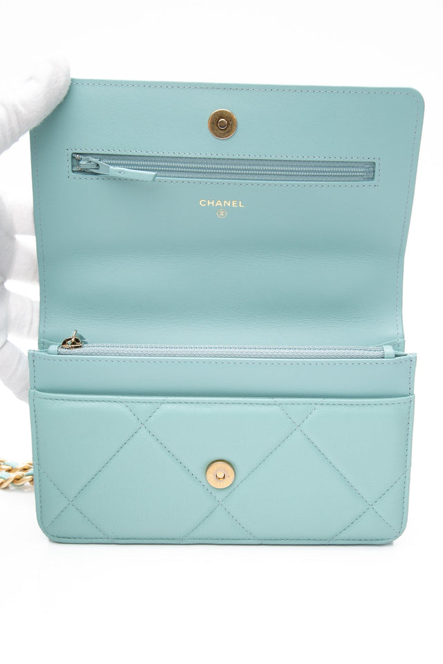 CHANEL 20C Tiffany Blue Lambskin Quilted Wallet On Chain WOC