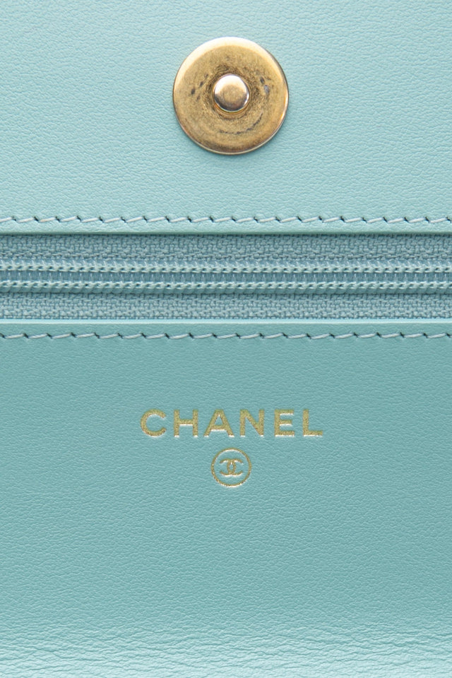CHANEL 20C Tiffany Blue Lambskin Quilted Wallet On Chain WOC