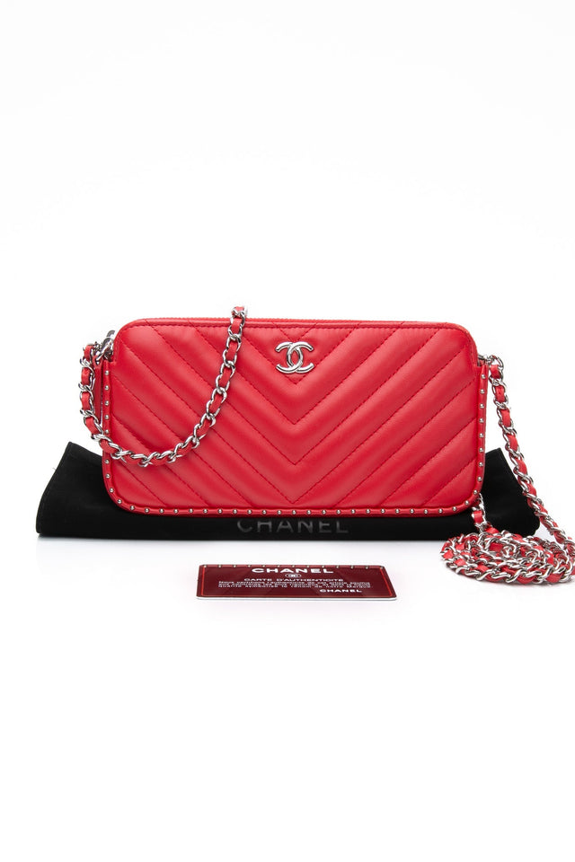 CHANEL Light Red Chevron Quilted Lambskin Double Zip Crossbody