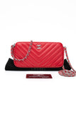 CHANEL Light Red Chevron Quilted Lambskin Double Zip Crossbody