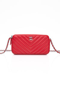 CHANEL Light Red Chevron Quilted Lambskin Double Zip Crossbody