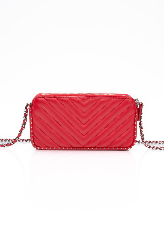 CHANEL Light Red Chevron Quilted Lambskin Double Zip Crossbody