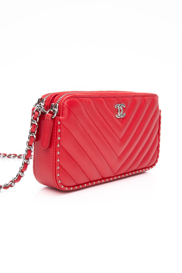 CHANEL Light Red Chevron Quilted Lambskin Double Zip Crossbody