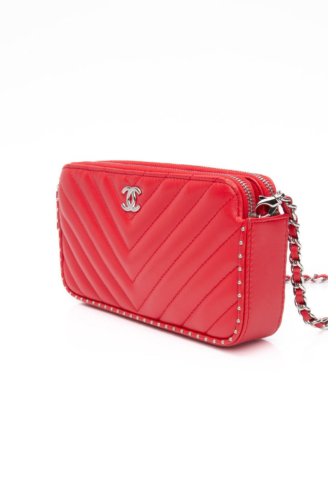 CHANEL Light Red Chevron Quilted Lambskin Double Zip Crossbody