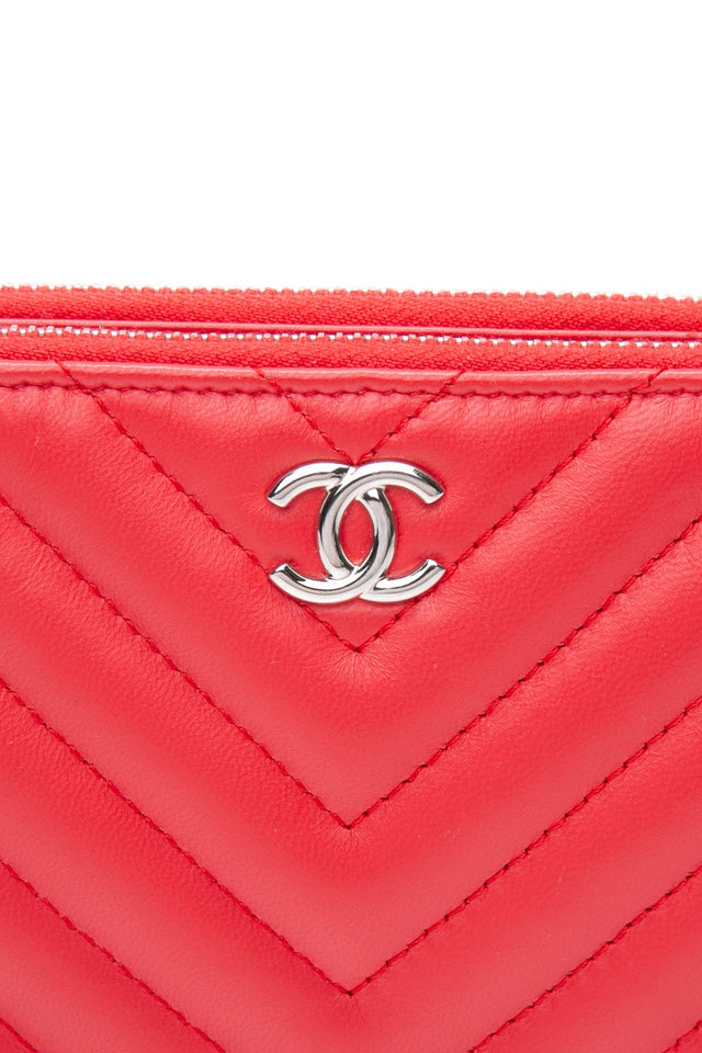 CHANEL Light Red Chevron Quilted Lambskin Double Zip Crossbody