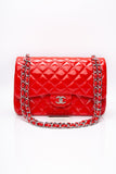 CHANEL Red Quilted Patent Leather Classic Jumbo Double Flap Bag
