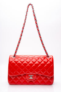 CHANEL Red Quilted Patent Leather Classic Jumbo Double Flap Bag