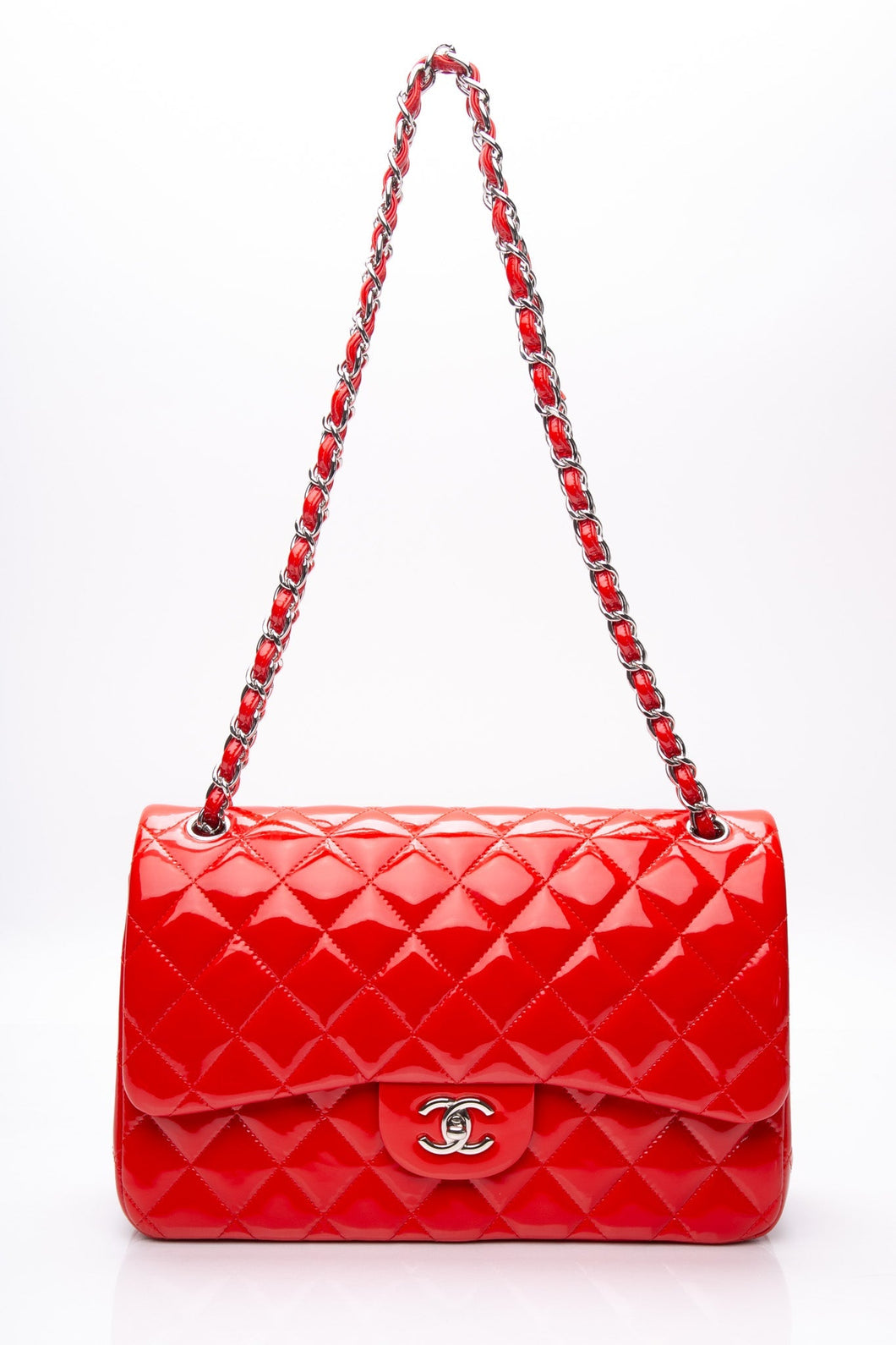 CHANEL Red Quilted Patent Leather Classic Jumbo Double Flap Bag