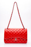 CHANEL Red Quilted Patent Leather Classic Jumbo Double Flap Bag