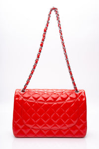 CHANEL Red Quilted Patent Leather Classic Jumbo Double Flap Bag