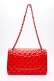 CHANEL Red Quilted Patent Leather Classic Jumbo Double Flap Bag