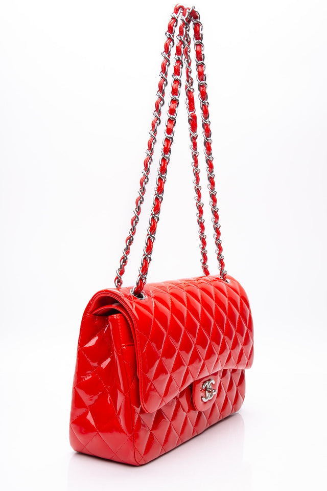 CHANEL Red Quilted Patent Leather Classic Jumbo Double Flap Bag