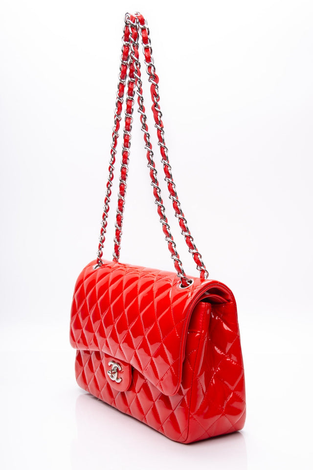 CHANEL Red Quilted Patent Leather Classic Jumbo Double Flap Bag