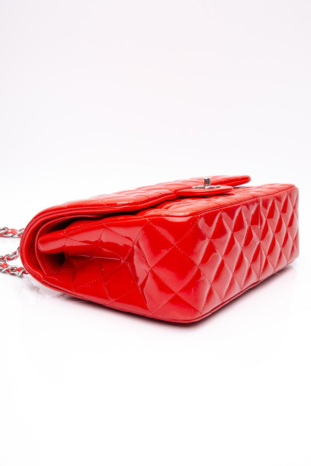 CHANEL Red Quilted Patent Leather Classic Jumbo Double Flap Bag