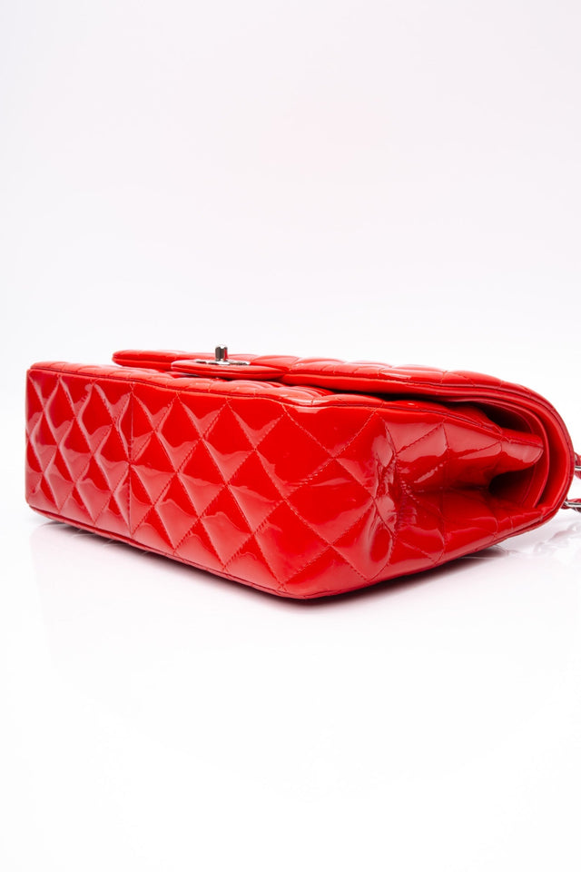 CHANEL Red Quilted Patent Leather Classic Jumbo Double Flap Bag