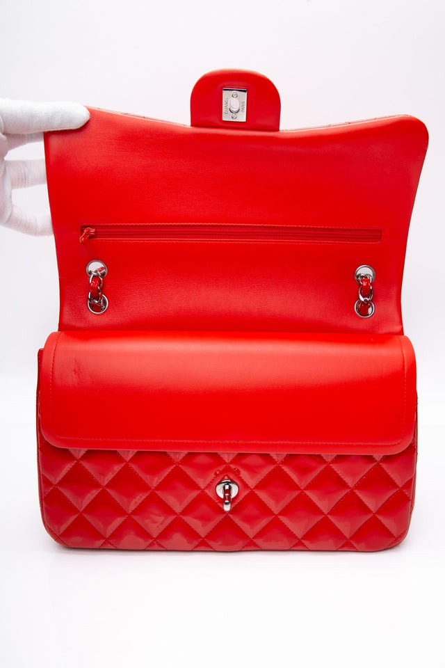 CHANEL Red Quilted Patent Leather Classic Jumbo Double Flap Bag