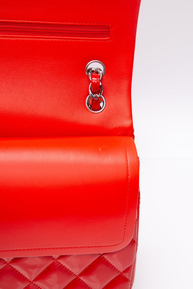 CHANEL Red Quilted Patent Leather Classic Jumbo Double Flap Bag