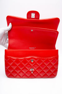 CHANEL Red Quilted Patent Leather Classic Jumbo Double Flap Bag