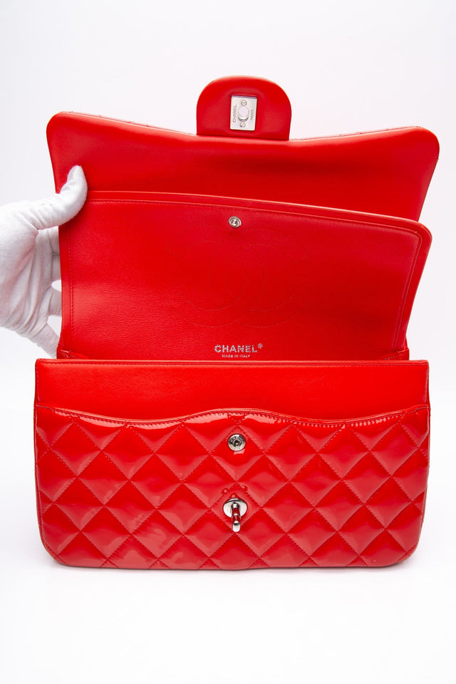 CHANEL Red Quilted Patent Leather Classic Jumbo Double Flap Bag