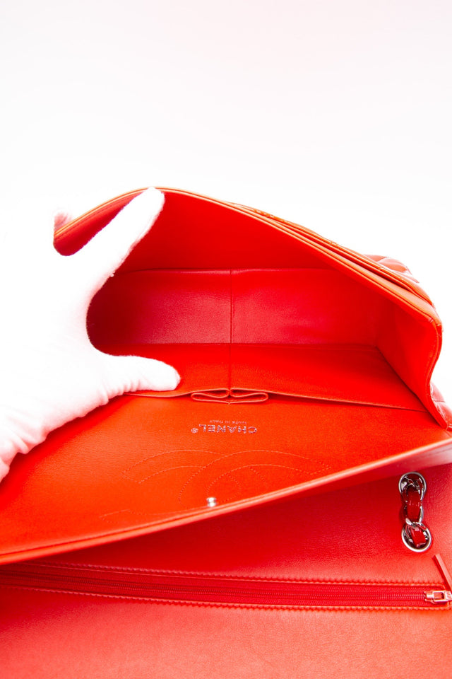 CHANEL Red Quilted Patent Leather Classic Jumbo Double Flap Bag