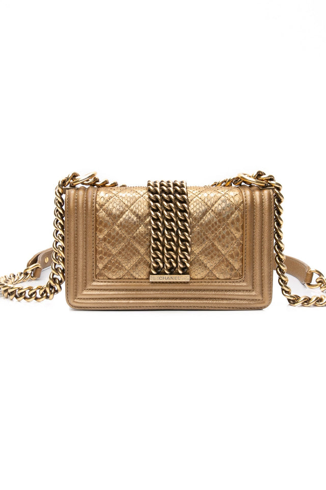 CHANEL Gold Python Quilted Boy Small Flap Bag