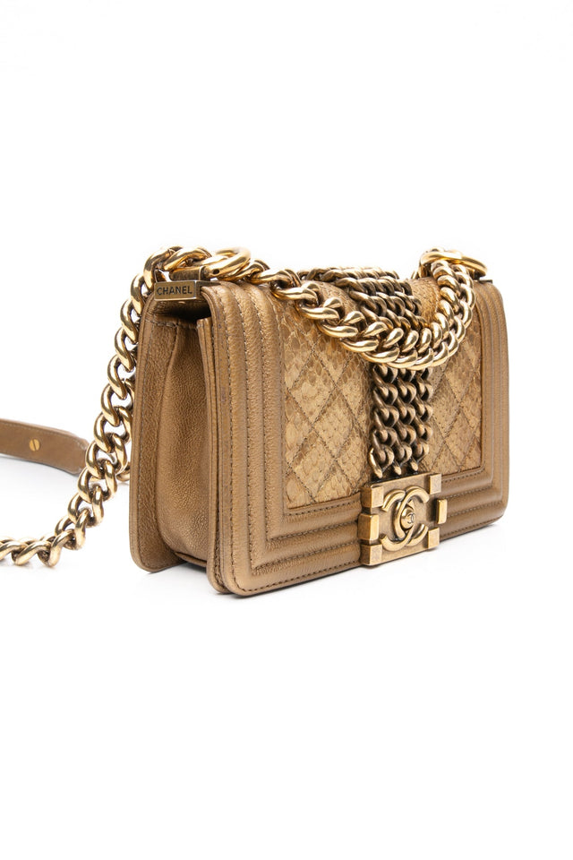 CHANEL Gold Python Quilted Boy Small Flap Bag