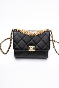 CHANEL 22S Black Lambskin Quilted Mini CC Crystal Logo Chain Flap Bag