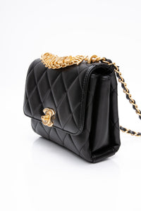 CHANEL 22S Black Lambskin Quilted Mini CC Crystal Logo Chain Flap Bag