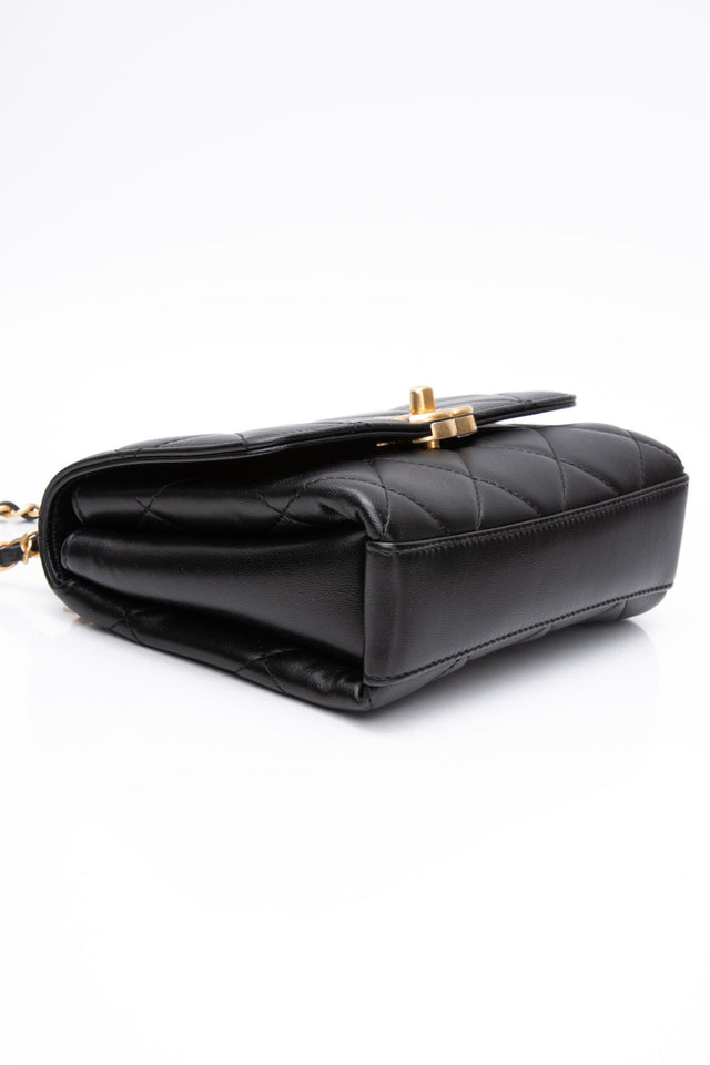 CHANEL 22S Black Lambskin Quilted Mini CC Crystal Logo Chain Flap Bag