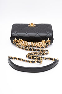 CHANEL 22S Black Lambskin Quilted Mini CC Crystal Logo Chain Flap Bag