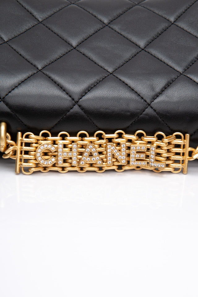 CHANEL 22S Black Lambskin Quilted Mini CC Crystal Logo Chain Flap Bag