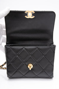 CHANEL 22S Black Lambskin Quilted Mini CC Crystal Logo Chain Flap Bag