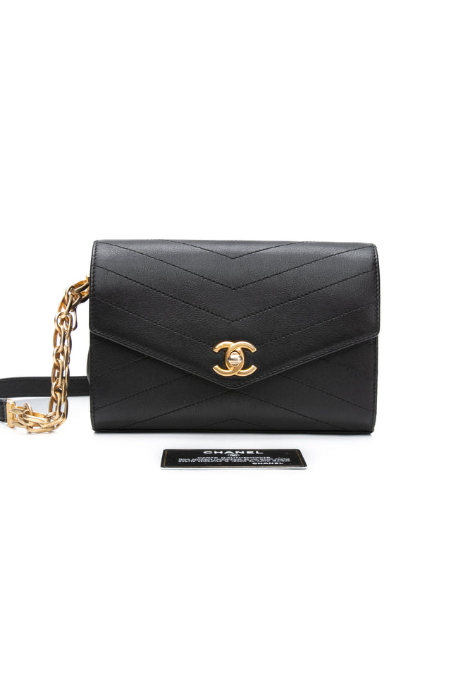 CHANEL Black Calfskin Chevron Stitched Coco Belt Bag