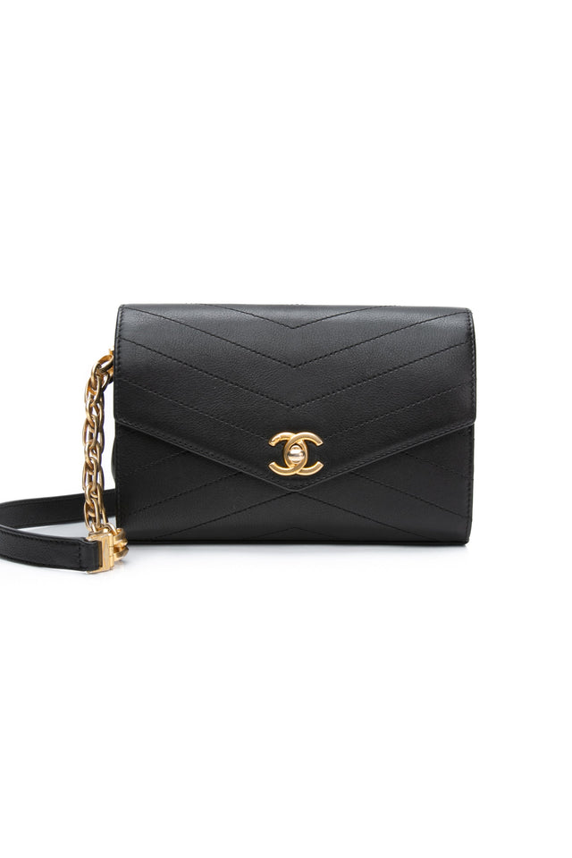 CHANEL Black Calfskin Chevron Stitched Coco Belt Bag