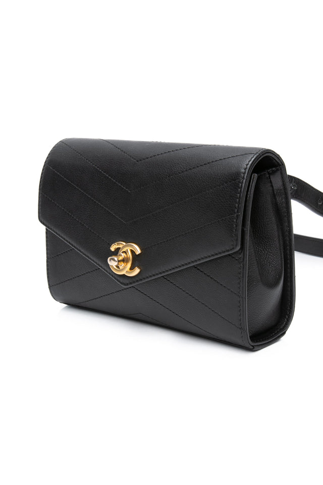 CHANEL Black Calfskin Chevron Stitched Coco Belt Bag