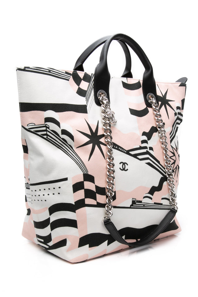 CHANEL Black, Pink, & White Canvas La Pausa Shopping Tote Bag