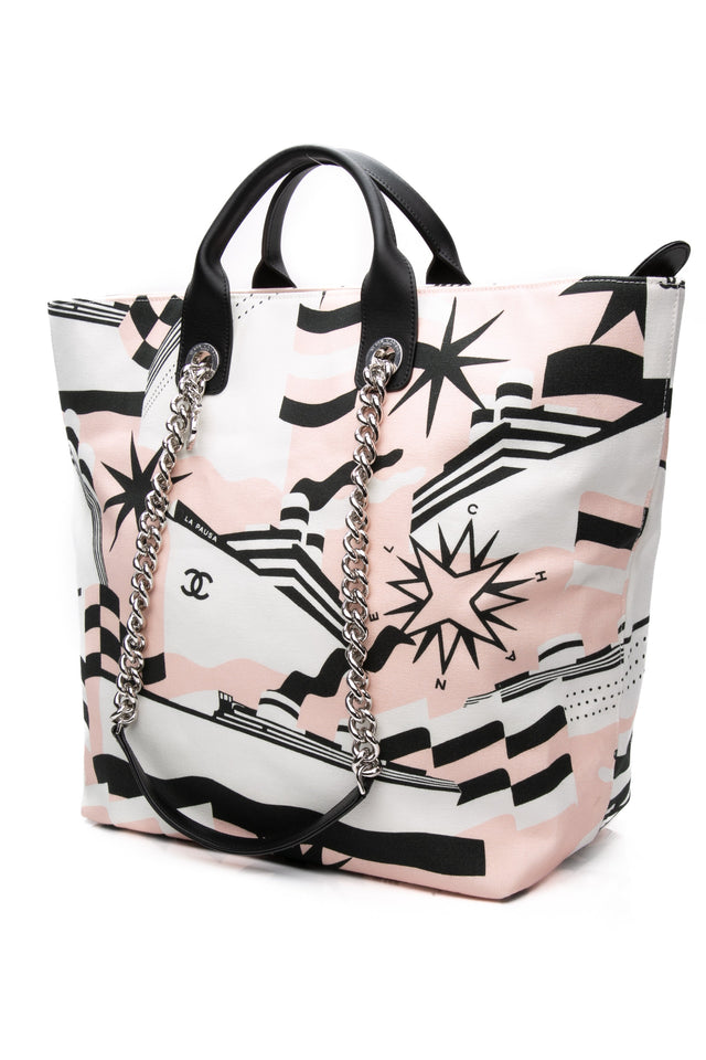 CHANEL Black, Pink, & White Canvas La Pausa Shopping Tote Bag