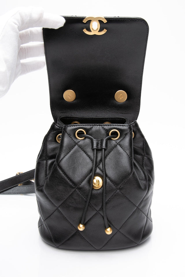CHANEL 24S Black Quilted Lambskin Enamel and Gold Tone Hardware Backpack