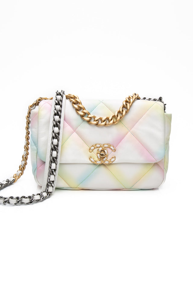 CHANEL White Multicolor Goatskin Quilted Medium Chanel 19 Flap Bag