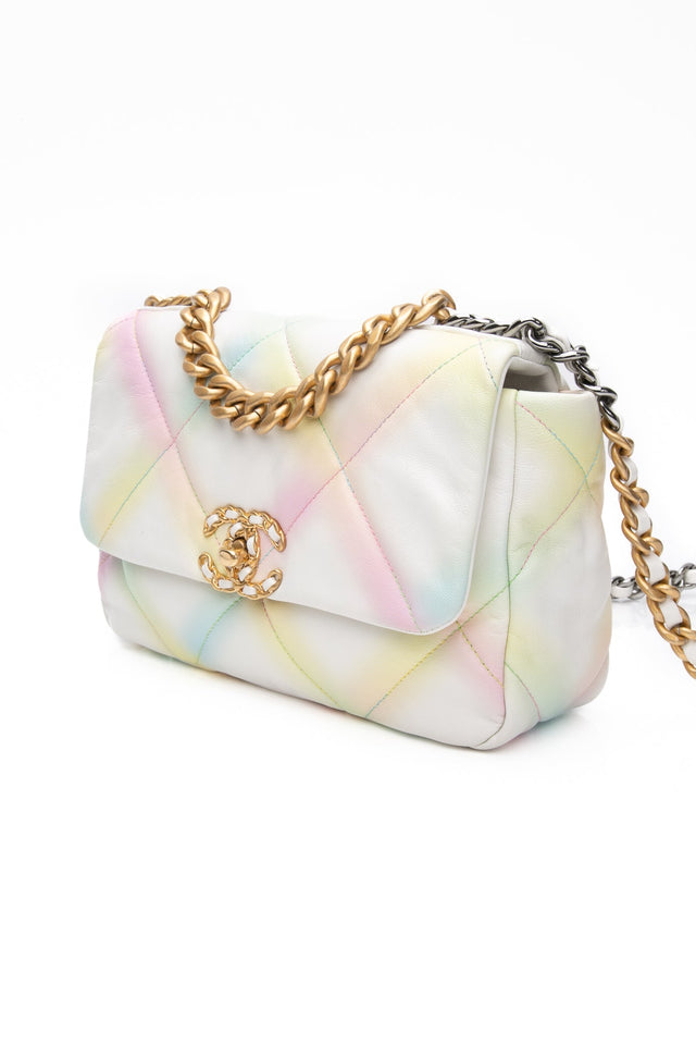 CHANEL White Multicolor Goatskin Quilted Medium Chanel 19 Flap Bag